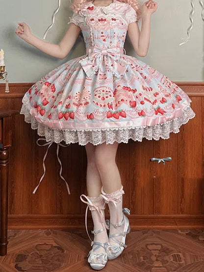 und Kleid Print Süßer Pullover Erdbeerblauer Rock Süßer Kuchen Lolita