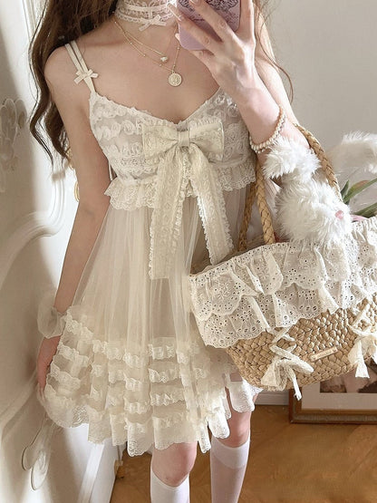 Lace With Bowknot Slip White Ruffles Dress Tiered Above Knee