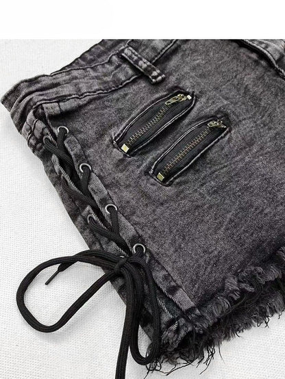 Lace-up Glamorous Black Detail Shorts Denim Bittersweet Hem Raw