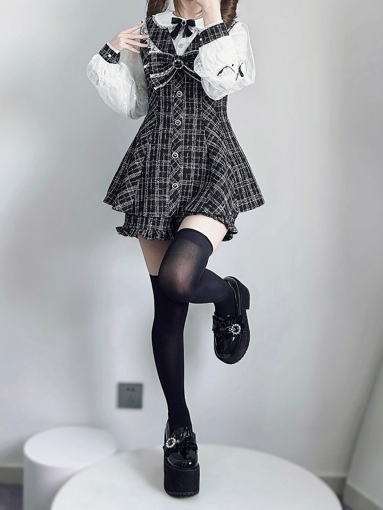 Mini Dress with Shorts Bow Set Detachable Big Jirai Kei Black  White Tweed Peter Pan Collar