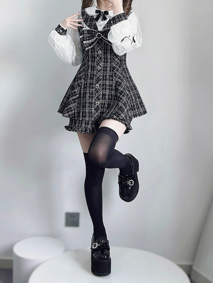 Mini Dress with Shorts Bow Set Detachable Big Jirai Kei Black  White Tweed Peter Pan Collar