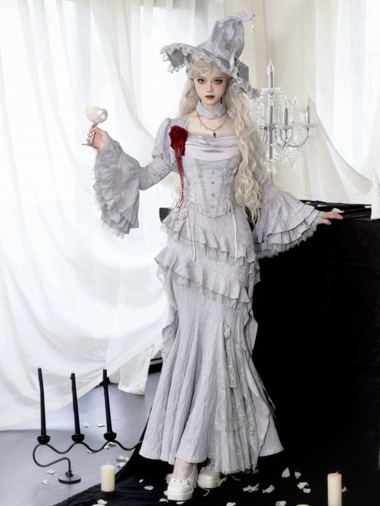 Silver Gray Layered Ruffle Bell Cuffs Long Sleeves Bolero