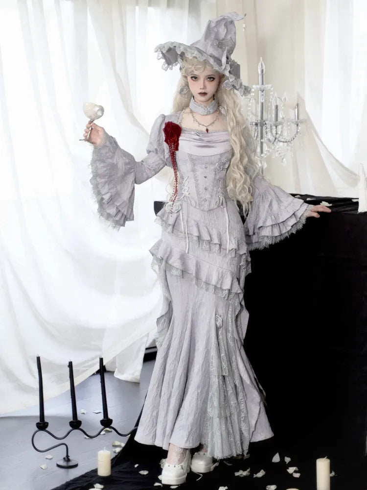 Silver Gray Spider Web Witch Hat Spider and Rose Bowknot Decorated