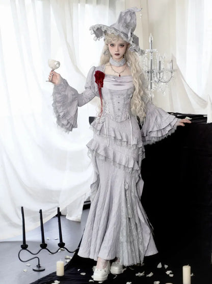 Bell Long Ruffle Layered Sleeves Gray Bolero Silver Cuffs