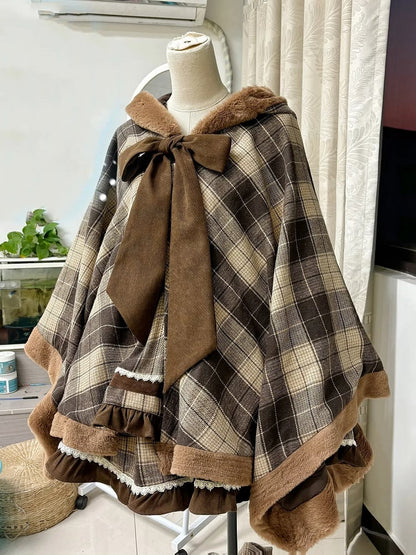 Brown Plaid Pattern Self-tie Big Bow Neckline Hooded Cape Coat