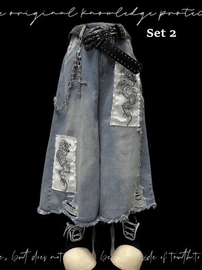 Blue Wide-leg Jeans Dragon Applique Raw Hem Distressed Holes Light