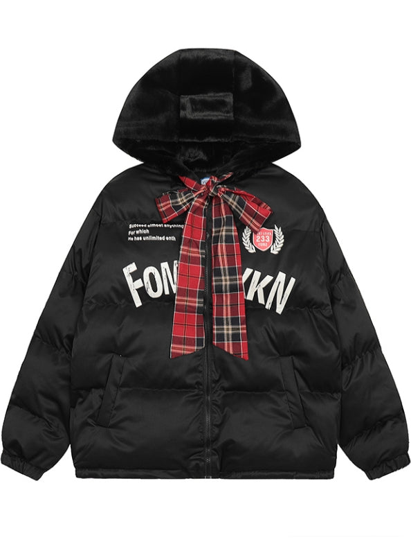 Black/White Letters Print Self-tie Bowknot Hooded Thick Jacket