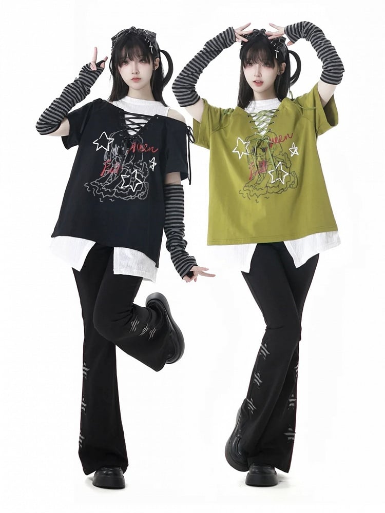 Black Star Appliques Flared Pants