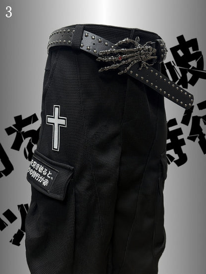 Applikation Schwarz Punk Weites Bein Cargo Kreuz Verziert Rock Taschen Hose Brief Und