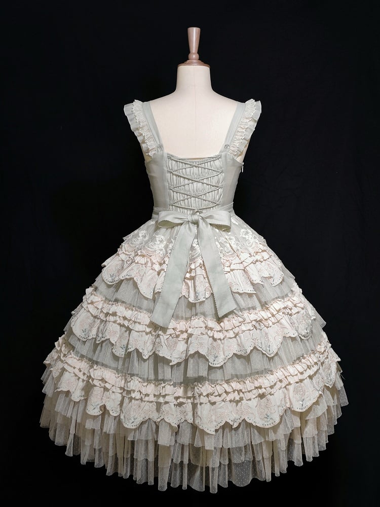 Robe Lolita vert clair à jupe superposée et motif lapin