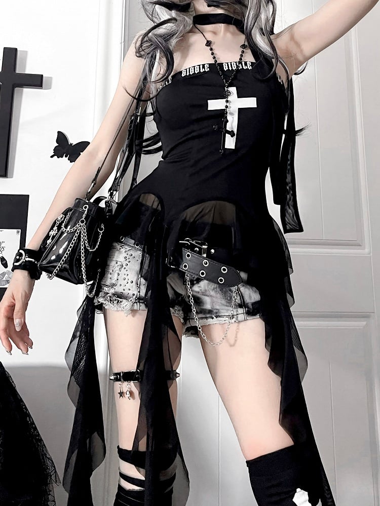 Cross Print Asymmetrical Flounce Hem Glamorous Strapless Top Black