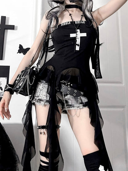 Cross Print Asymmetrical Flounce Hem Glamorous Strapless Top Black
