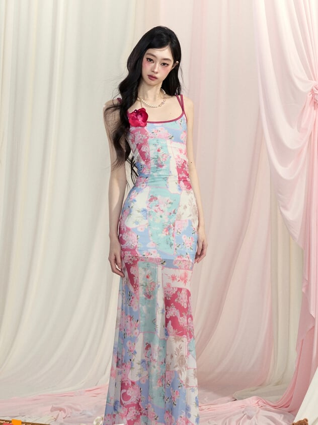Slip Dress Mermaid Skirt Print Backless Blue Oil Painting Floral