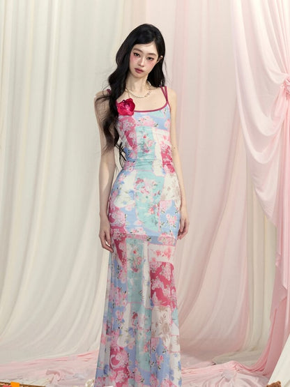 Slip Dress Mermaid Skirt Print Backless Blue Oil Painting Floral