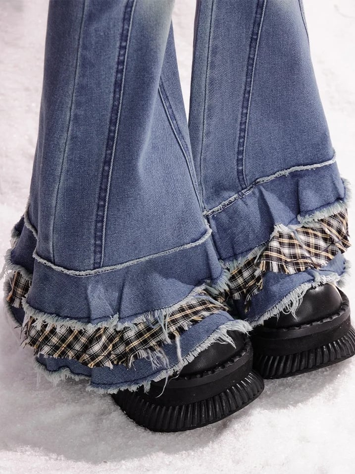 Blue Plaid Patchwork Cuffs Fishtail Jeans