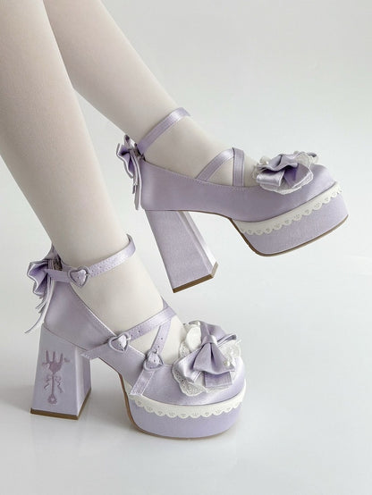 Purple Lolita Lace Bowknot Buckle Straps Fork Platform Block High Heels