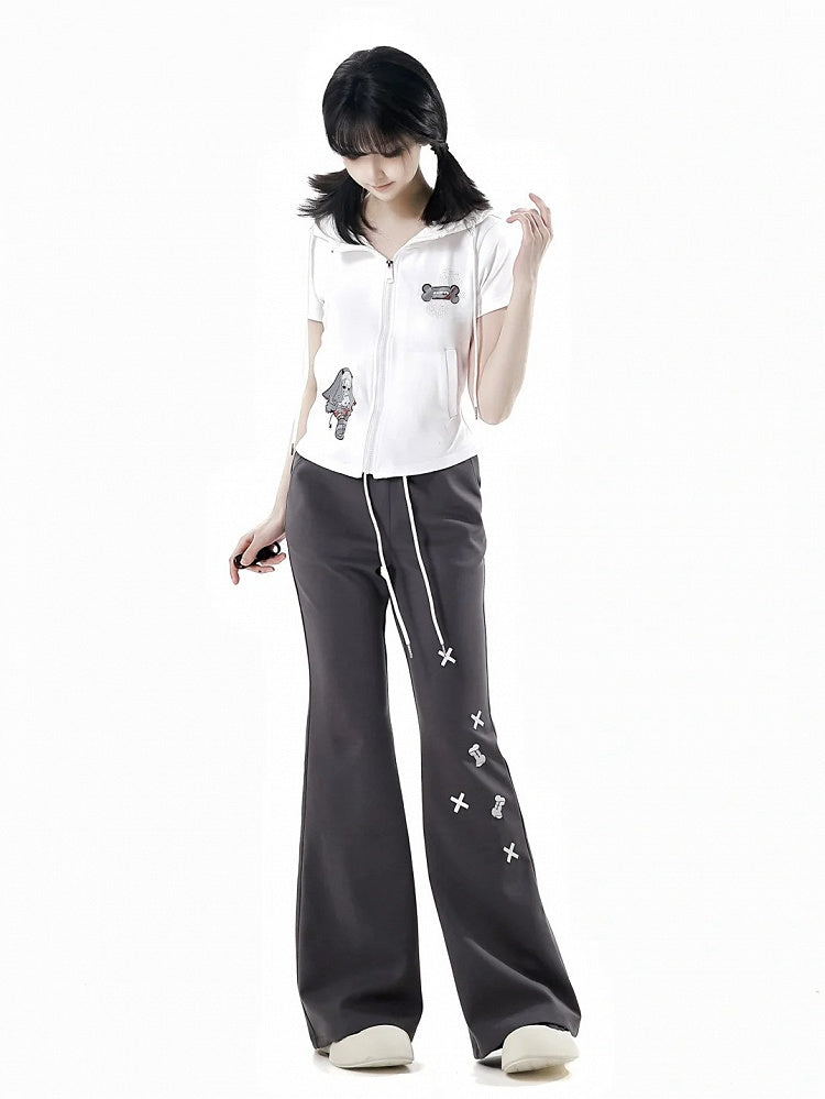 Bone Embroidery Drawstring Waist Flared Pants Black/Blue/Gray