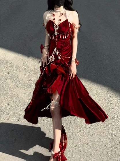 Robe de soirée sirène dos nu en velours rouge/noir