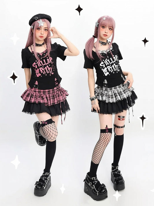 Y2K Black Print T-Shirt Pink/Black Faux Two-Pieces White Bunny