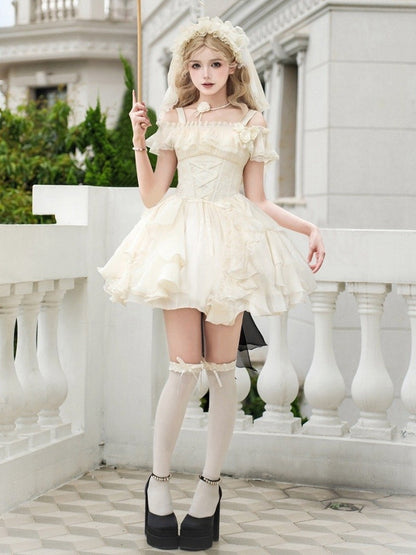 Boned Dress Skirt Cascading Beige Ruffle Classic Version Short Basque Set Waist Lolita Full
