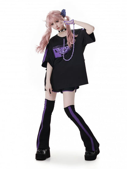 and Purple Elastic Waist Sports Shorts Black