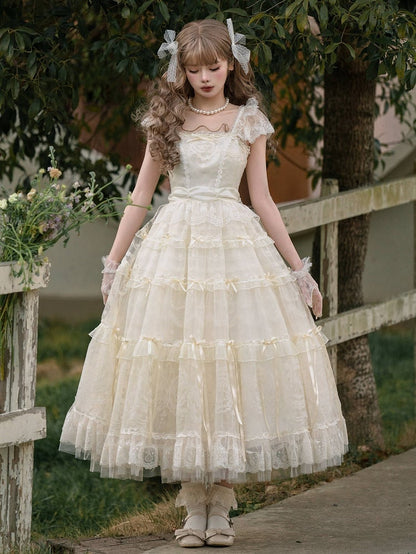 Beads Bow Creamy Princess Accents White Neckline Ribbon Dress Lolita