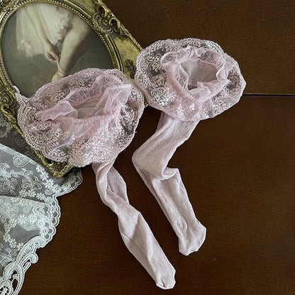 Lace White/Pink Floral Socks Pattern Trim