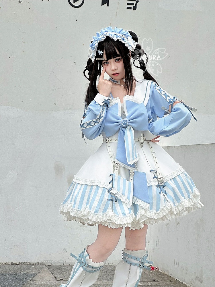 Kitty Light Bow Kaiwai Set Blue JSK Dress Cropped Tenshi Lolita Sailor Striped Big Top Pattern Ears + - Collar