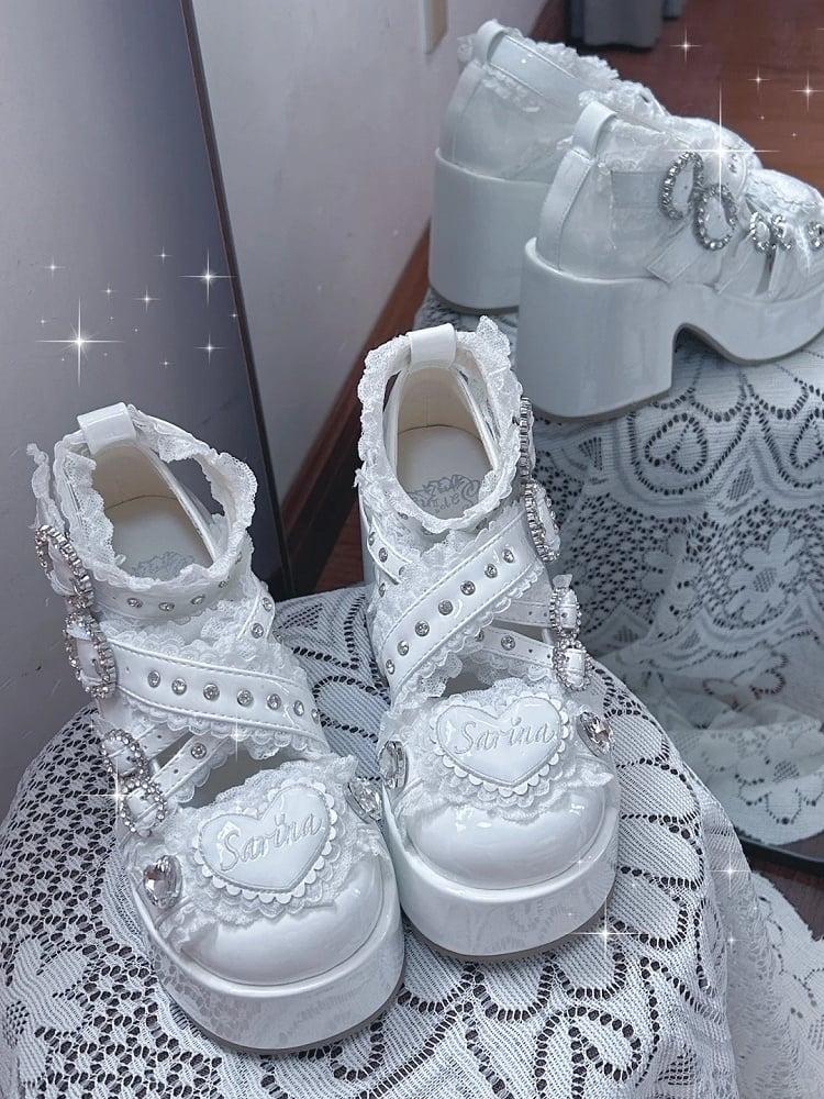 Heel White with Lace-Trimmed Jirai Cross Toe Kei Strap Round Block Platform Shoes: and Chunky