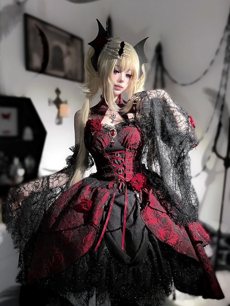 Black and Red Gothic Rosette Fabric High-low Skirt Dress Lolita JSK