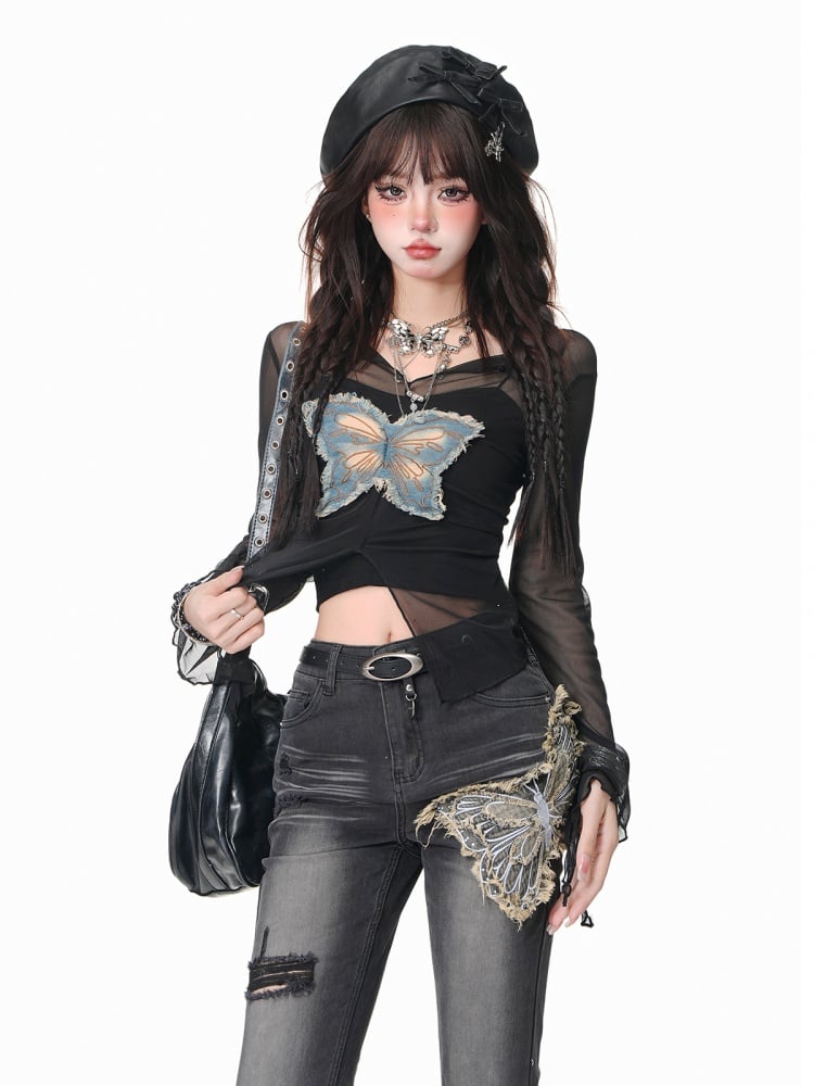 Black Butterfly Applique Distressed Holes Fishtail Jeans