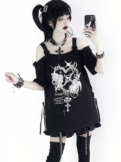 Black/White with T-shirt Gothic Off-Shoulder Choker Y2K Free Angel Heavenly