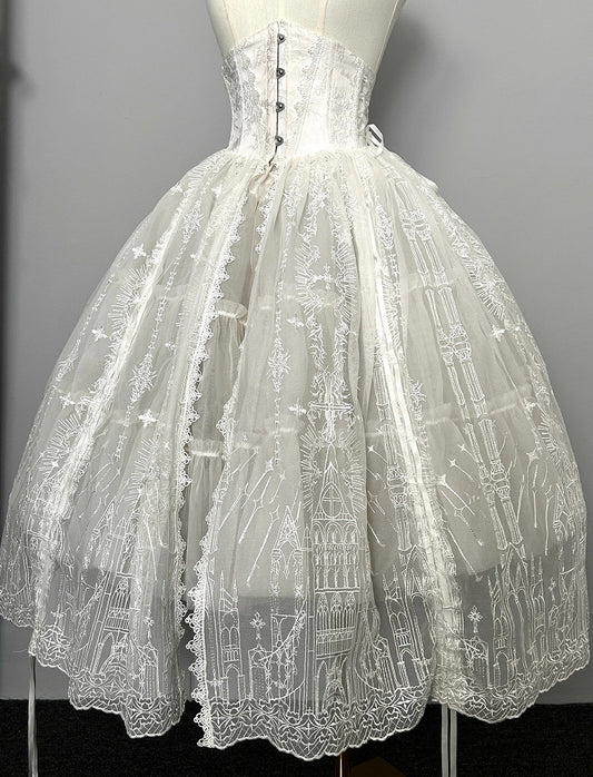 White Gothic Lolita Corset Belt with Drawstring Design Cathedral Embroidery Overlay