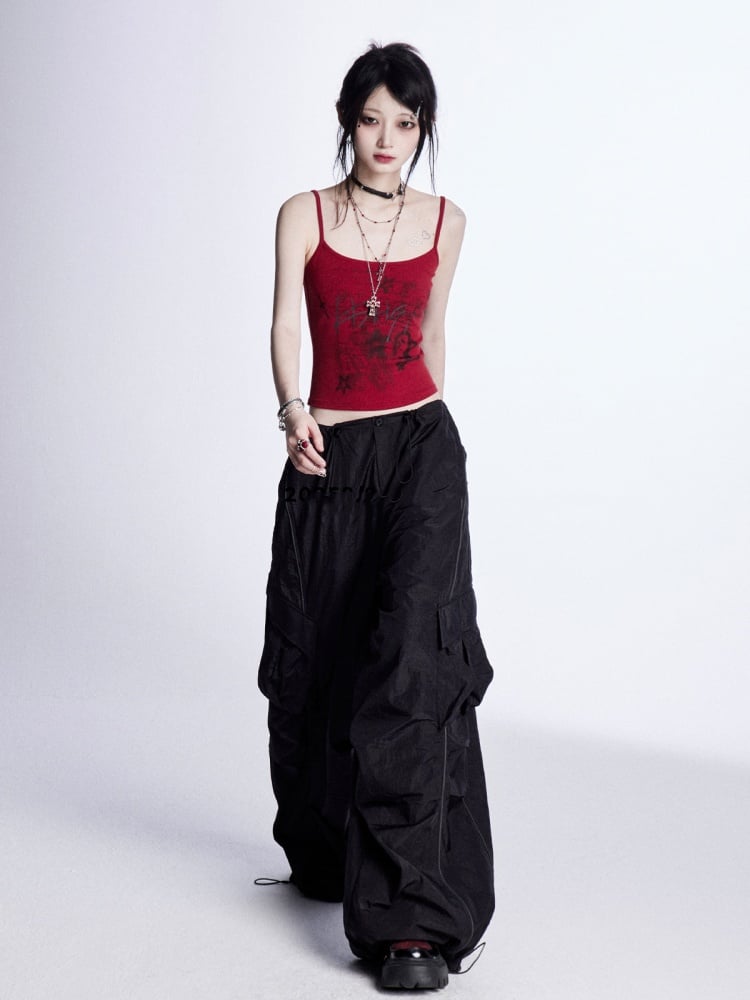 Wide-Leg Cargo Pants Waist Drawstring Cuffs Vintage Black	Low