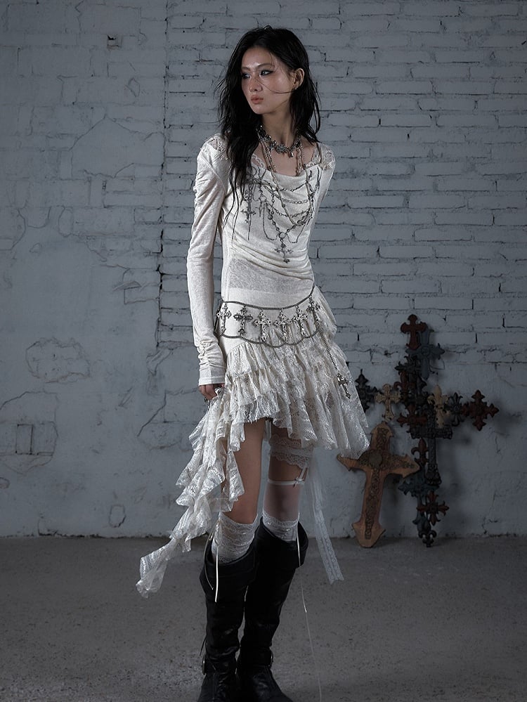 Print Hood Lace Cross Hem Tiered Punk with Asymmetric Apricot Dress