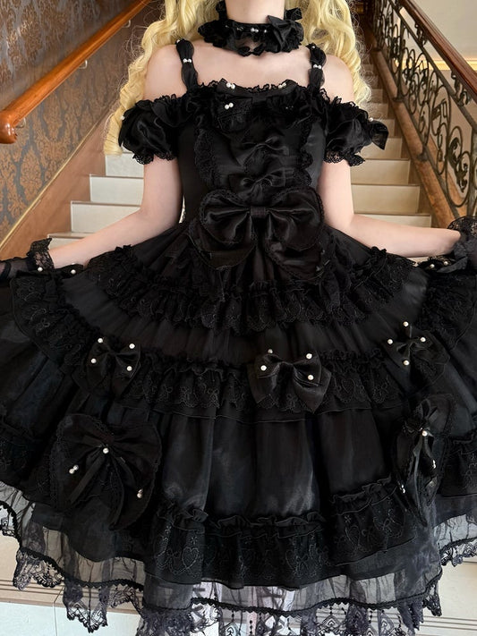 All Details at with Bow Lolita Back Dress Bead Big and Accents Princess Black