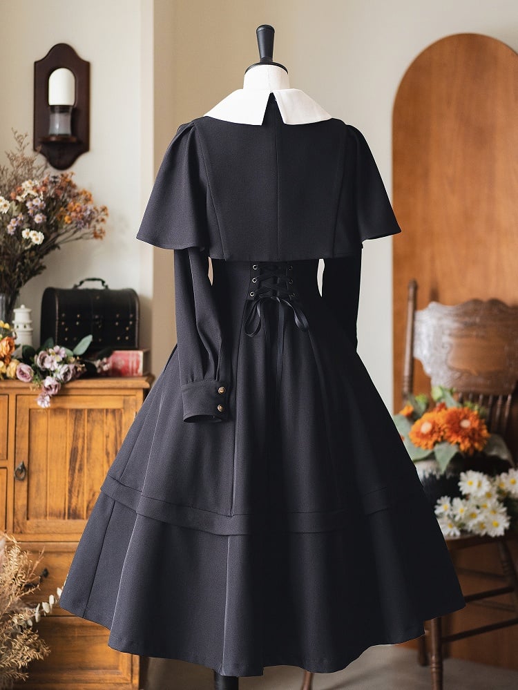 Black Detachable Cape Design Elegant Retro Slimming Dress