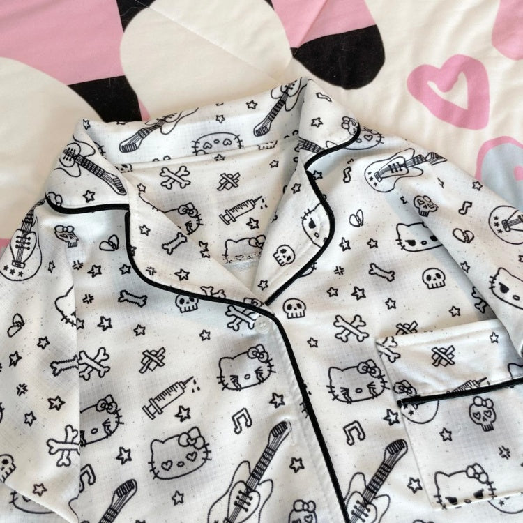 White Kitty and Guitar Print Pajama Set