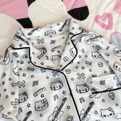 White Kitty and Guitar Print Pajama Set