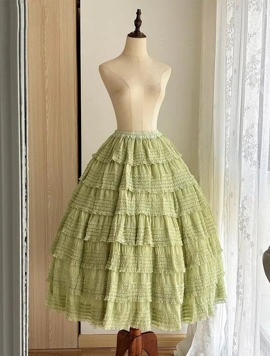 Tea Tiered Green Detail Length Skirt Under Ruffles