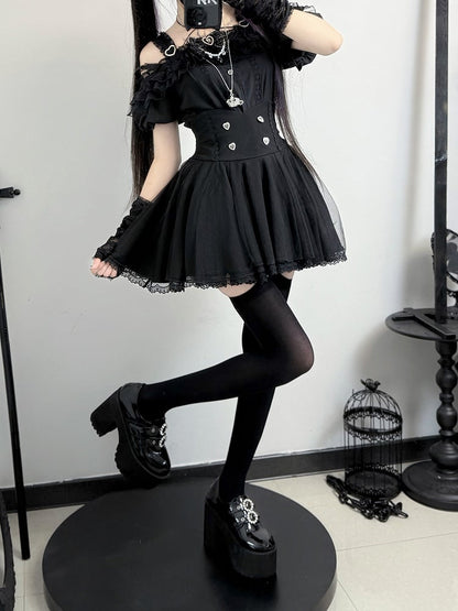Jirai Kei Black Lace Trim Top with Off-the-shoulder Neckline