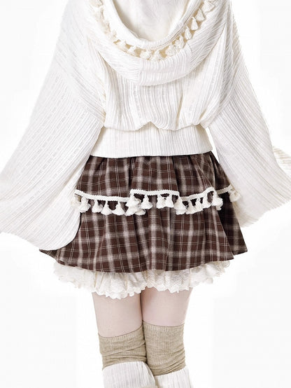 Brown Plaid Tiered Skort Ruffle Cuffs Fringe Trim