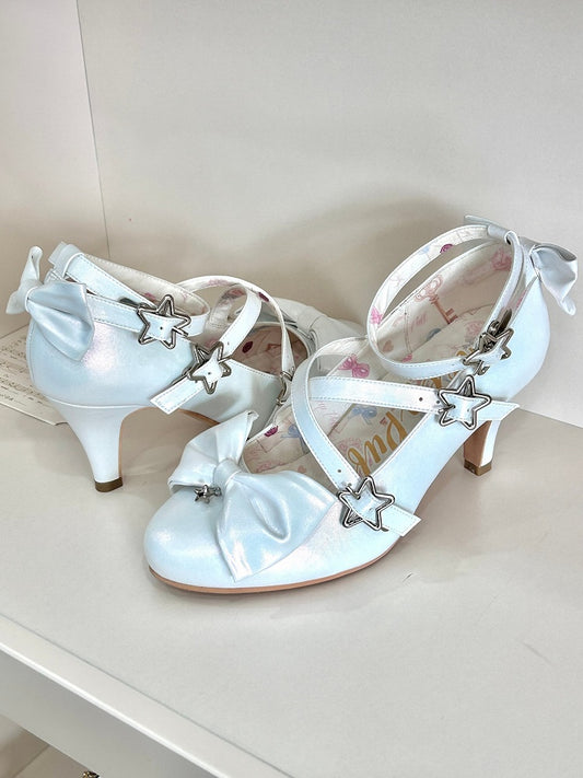 Star High White Sweet Lolita Buckles Crisscross Straps with - Accents Heels Bow