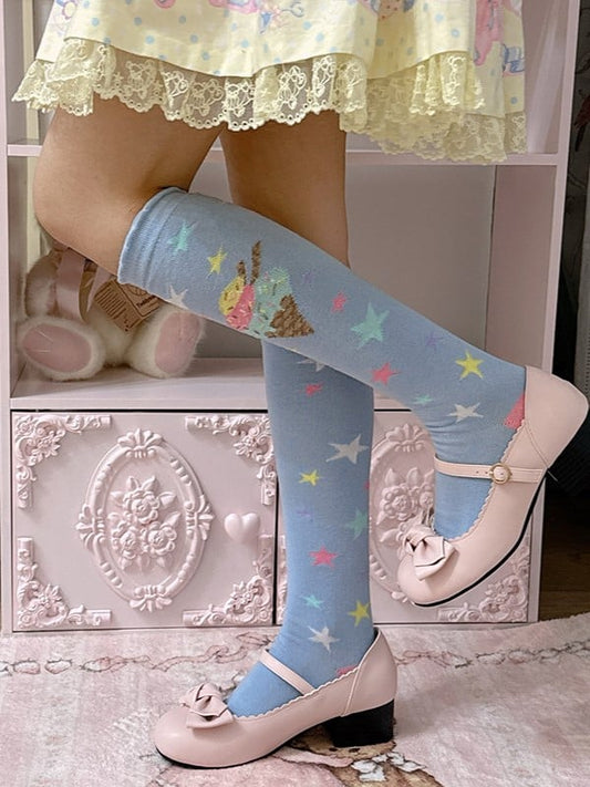 Pink/Blue/Purple/Yellow/White Star Lolita Socks Ice Design Calf Print Cream