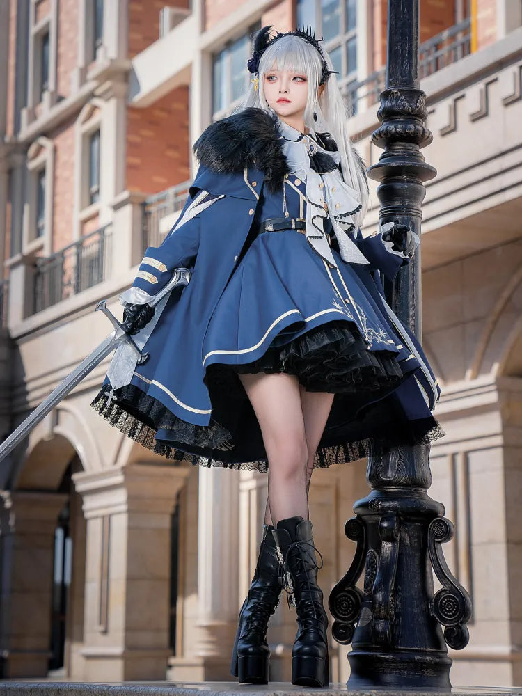 XXL Gold Coat Blue Skirt + Set Cape Shirt Jabot Trimming Clearance-Size Full Lolita Military and
