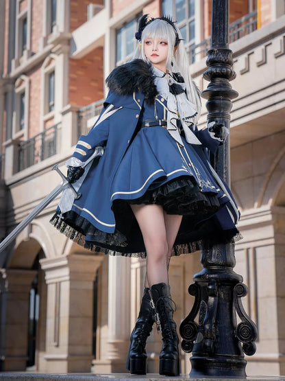 XXL Gold Coat Blue Skirt + Set Cape Shirt Jabot Trimming Clearance-Size Full Lolita Military and