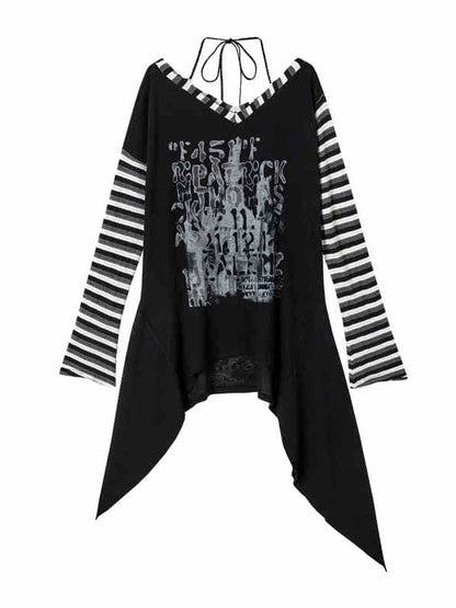 Black White Gothic Punk Letters Asymmetrical Top