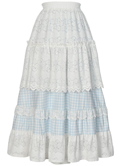 Jupe Mori Kei à carreaux en patchwork de dentelle bleue et blanche à taille haute