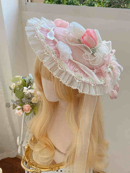 Verzierter Tulpenblauer Hut Flach Lolita / Grün Pink