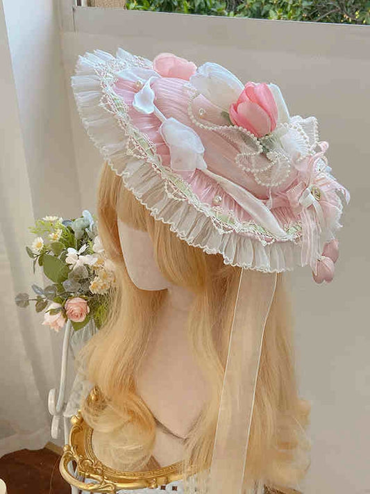 Verzierter Tulpenblauer Hut Flach Lolita / Grün Pink